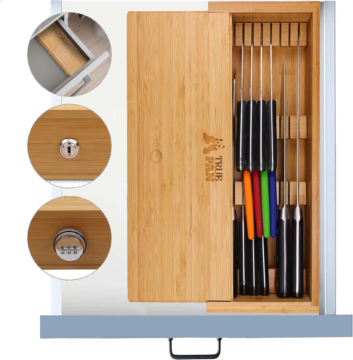 TrueBlueBamboo Kids Safe Bamboo Knife Holder for Drawers 25 Knives Capacity