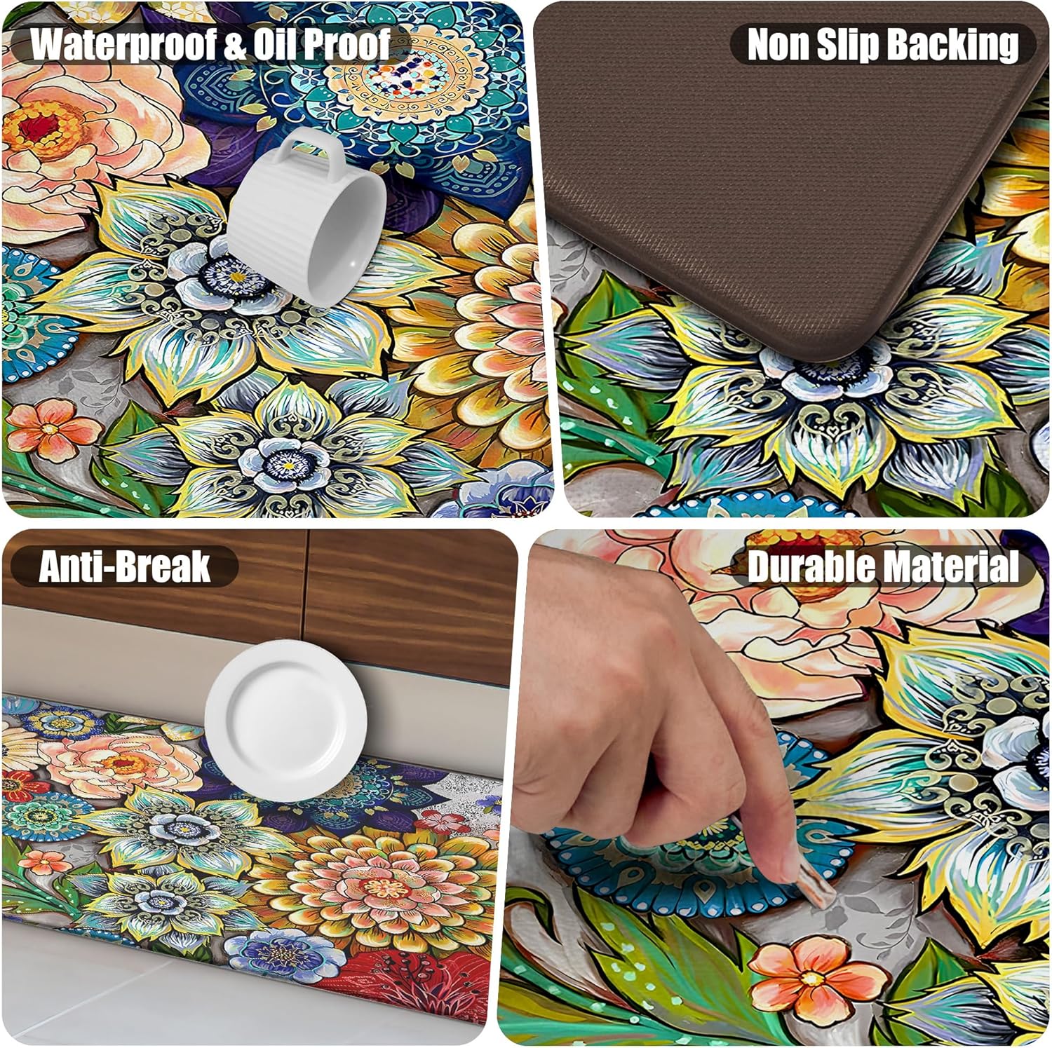 Boho Floral Kitchen Rugs Mat 2-Pack