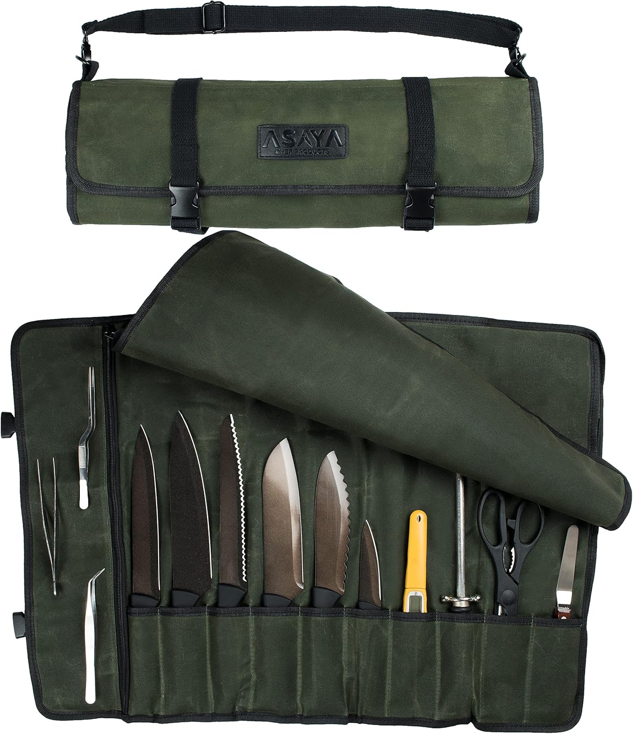 asaya canvas chef knife roll bag - 10 knife slots durable knives not included