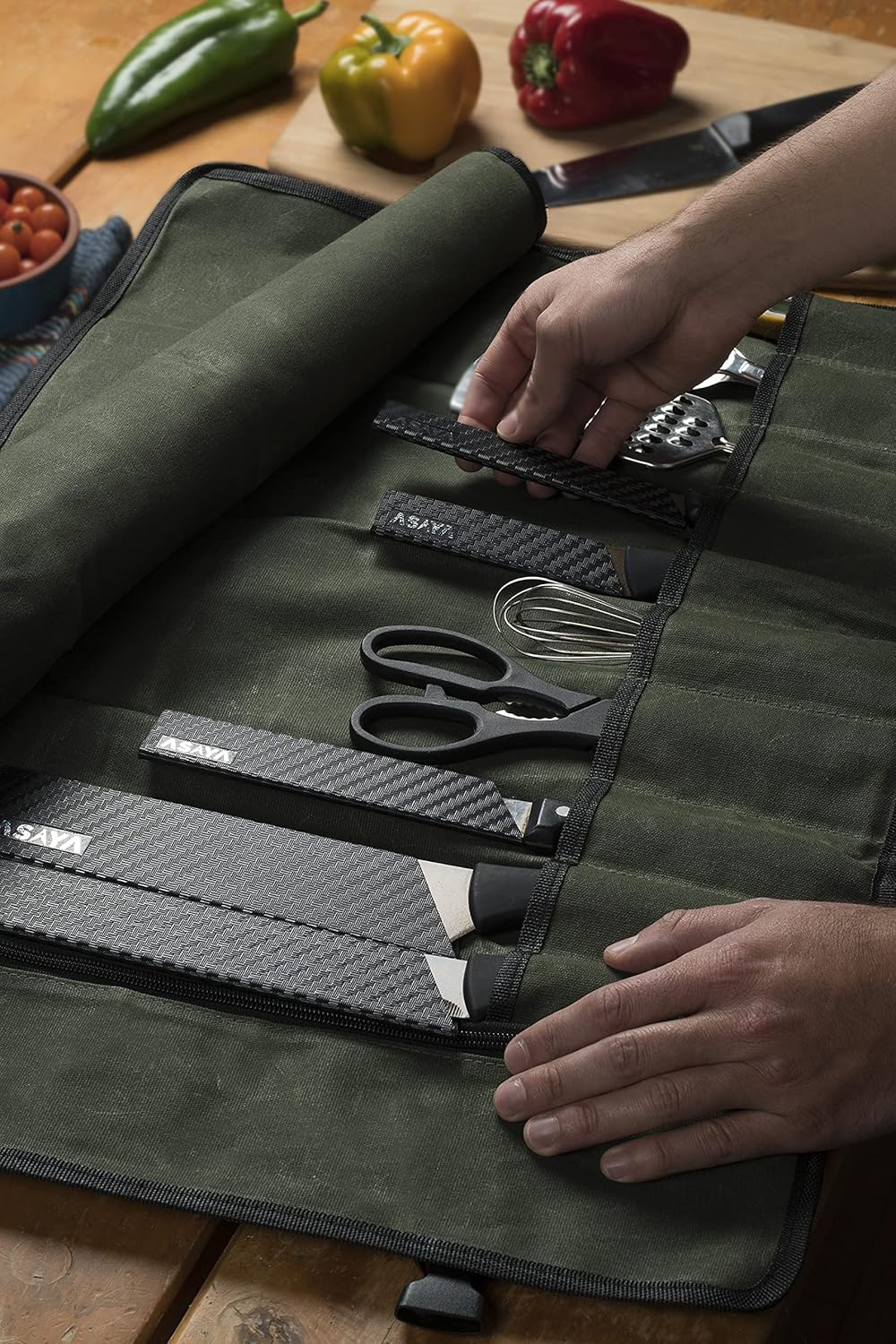 asaya canvas chef knife roll bag - 10 knife slots durable knives not included