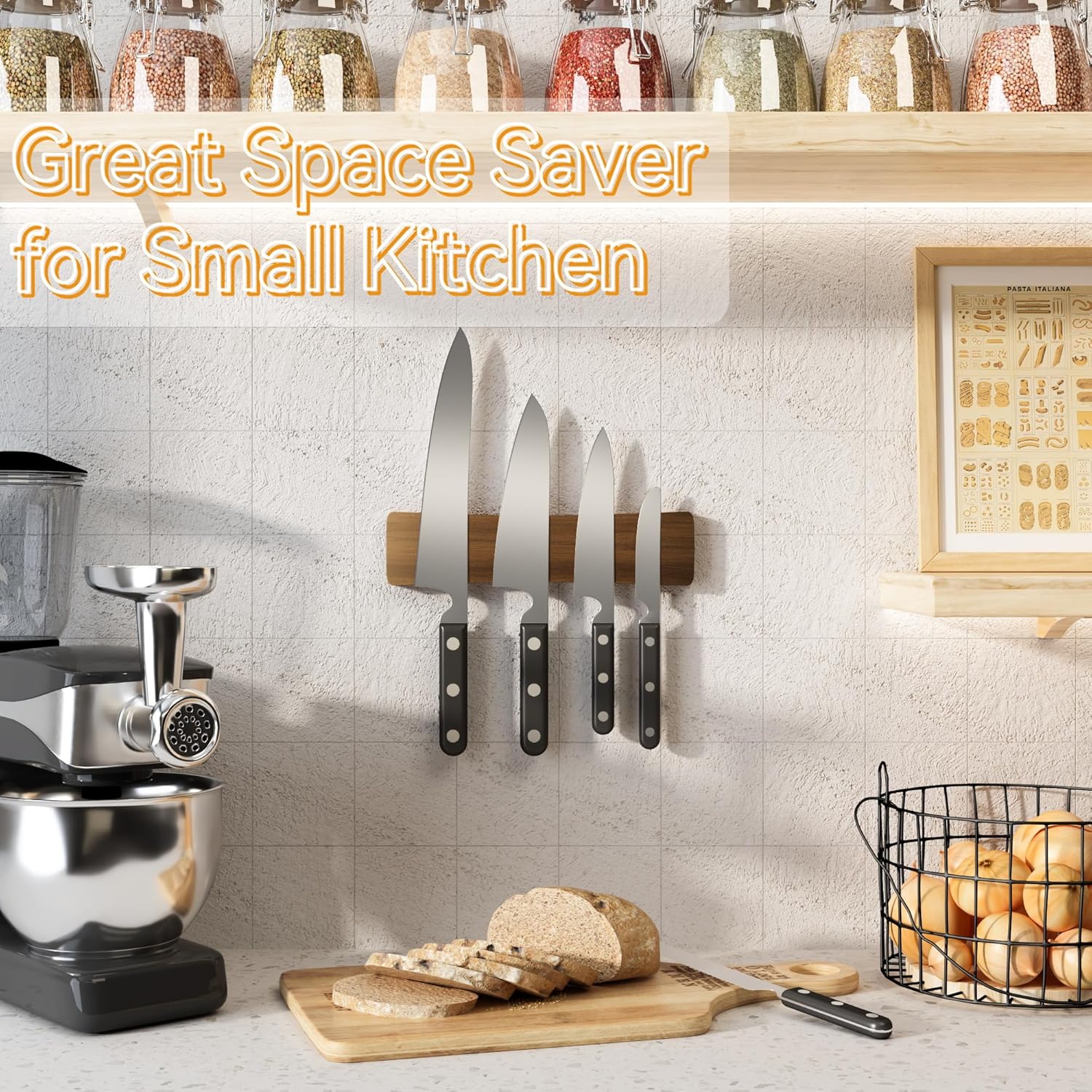Acacia Wood Magnetic Knife Strip for Wall - No Drill Installation